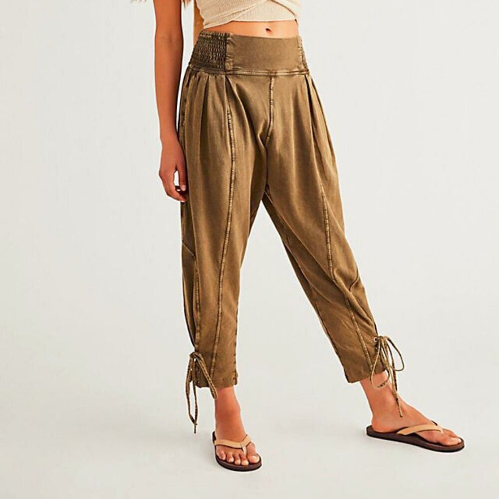 Free People FP One Billie Pants Smocked Pleated Pocket Tie Pine New
